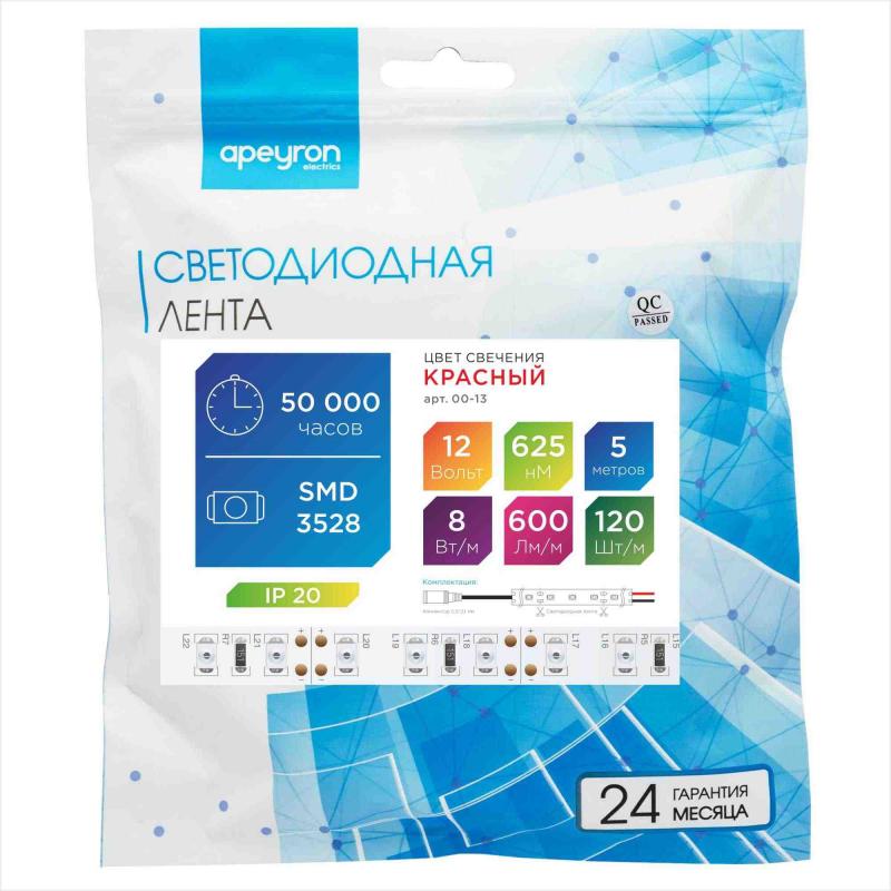 Светодиодная лента Apeyron 12В СТ 9,6Вт/м smd3528, 120д/м IP20 5м красная 00-13