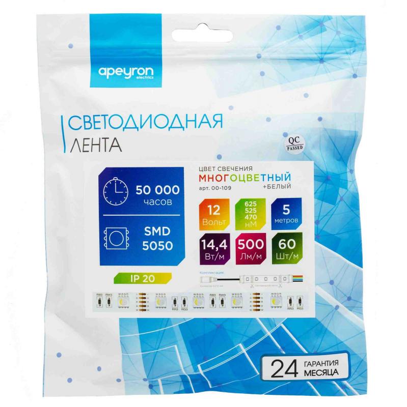 Светодиодная лента Apeyron 12В СТ 14,4Вт/м smd5050 60д/м IP20 500Лм/м 5м RGBW 00-109