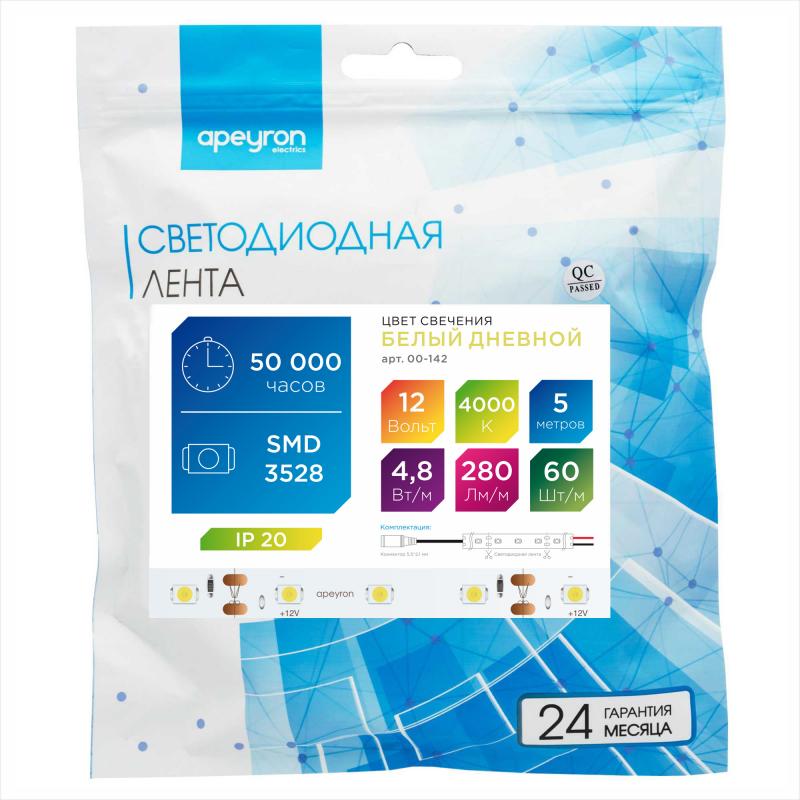 Светодиодная лента Apeyron 12В СТ 4,8Вт/м smd3528, 60д/м IP20 280Лм/м 5м 4000К 00-142