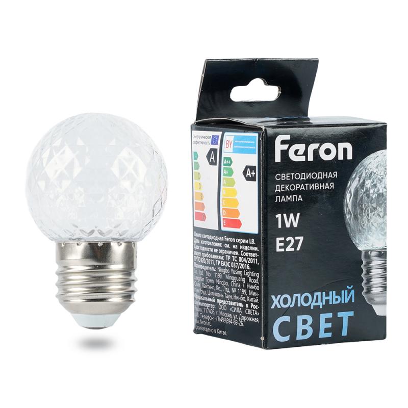 Лампа светодиодная Feron LB-385 шар прозрачный E27 1W 230V 6400K 52176